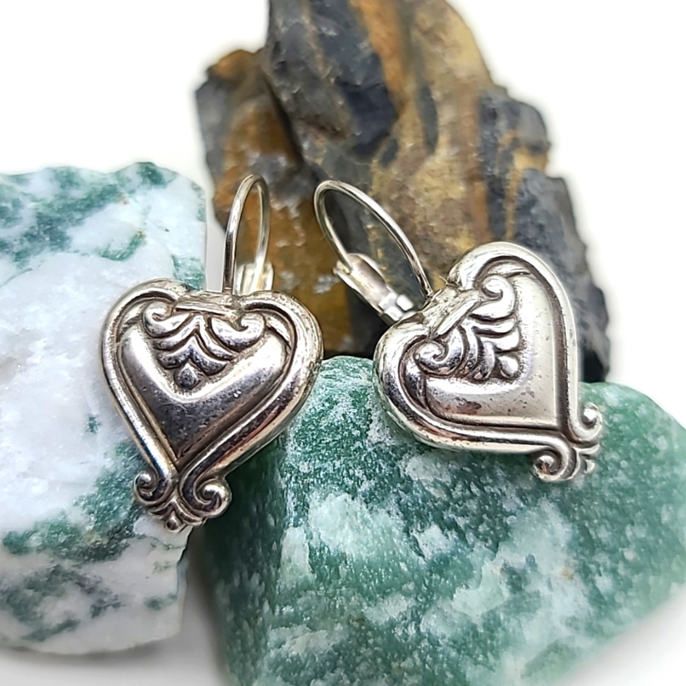 Brighton "Blaire Heart" Retired Leverback Silver Heart Earrings! Great Pair!